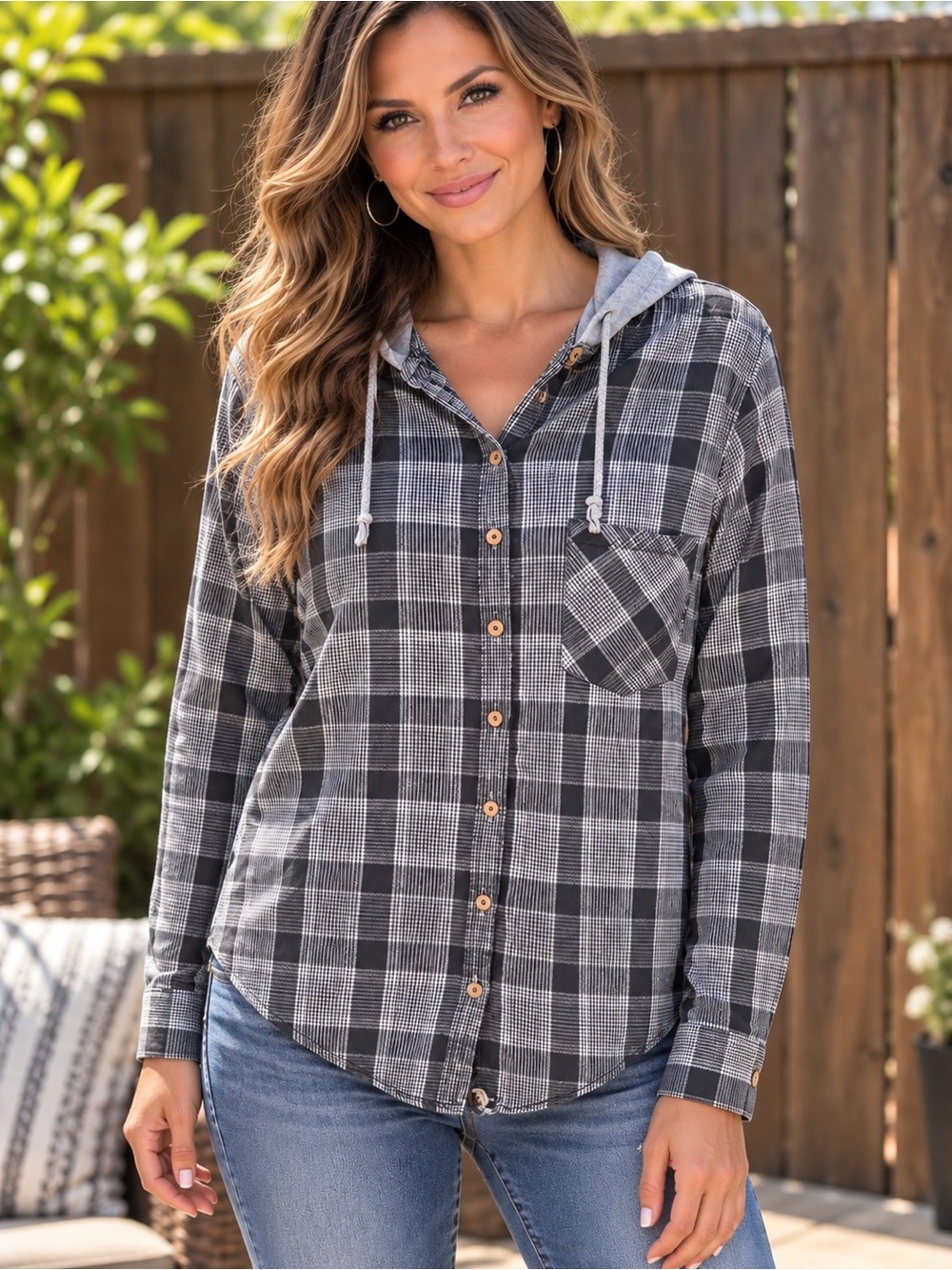 Mudd Black & Gray Plaid Hooded Button-Down Shirt